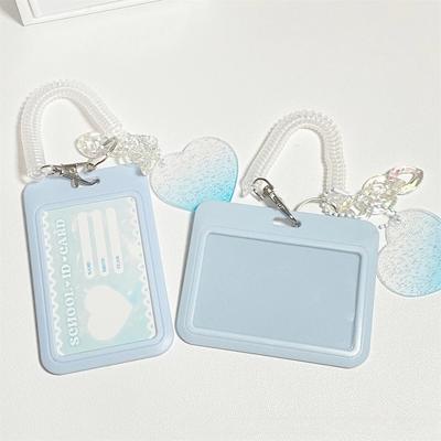 Girls Cute Id Credit Card Holder with Love Pendant Kawaii Badge Holder Card Cover Student Bus Card Case Sleeve with Spring Rope