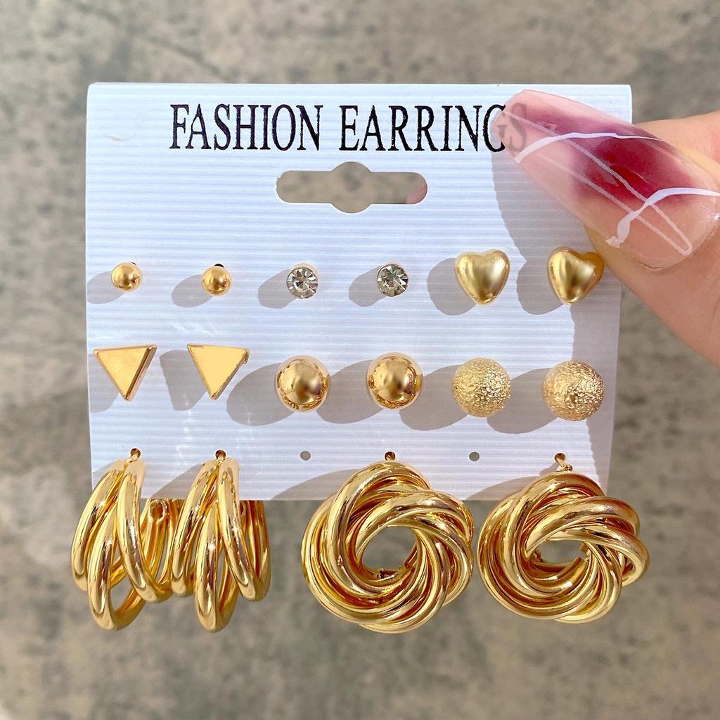 European & American Retro Geometric Hammered Textured Earrings 6-Piece Set: Creative Heart Diamond Stud & Alloy Earrings