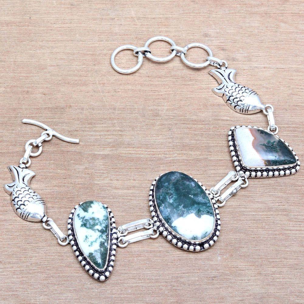 Moss Agate Gemstone Gift For Her Silver Jewelry Bracelets 7''Adjusable