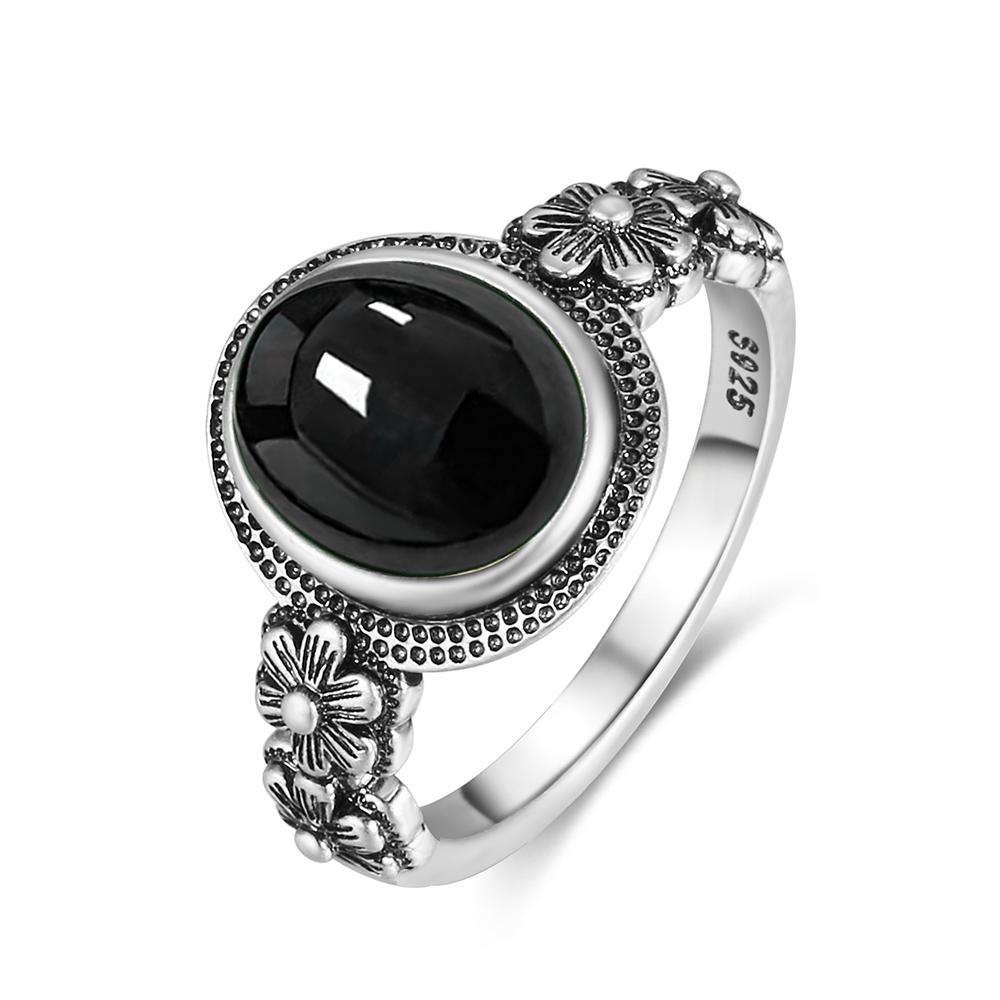 Vintage  Sterling Silver Natural Black Onyx 8*10mm Ring Flower Shaped Ring Fine Jewelry Finger Ring For Women