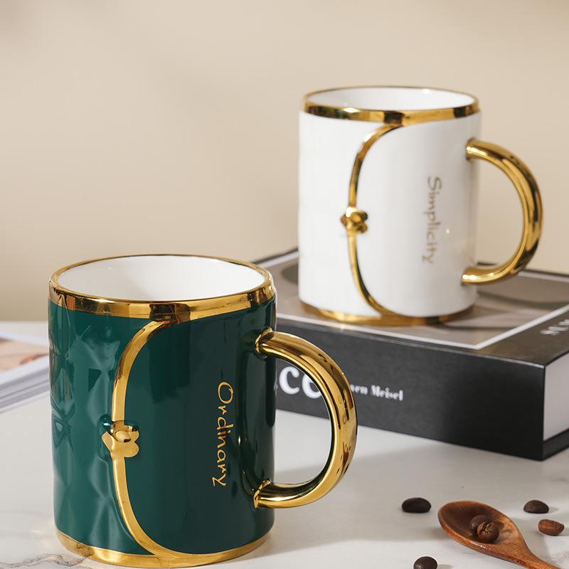 Nordic Gold Plated Handbag Ceramic Cup with Handle Single Cup Opening Small Gift Souvenir Mug Set Large Capacity