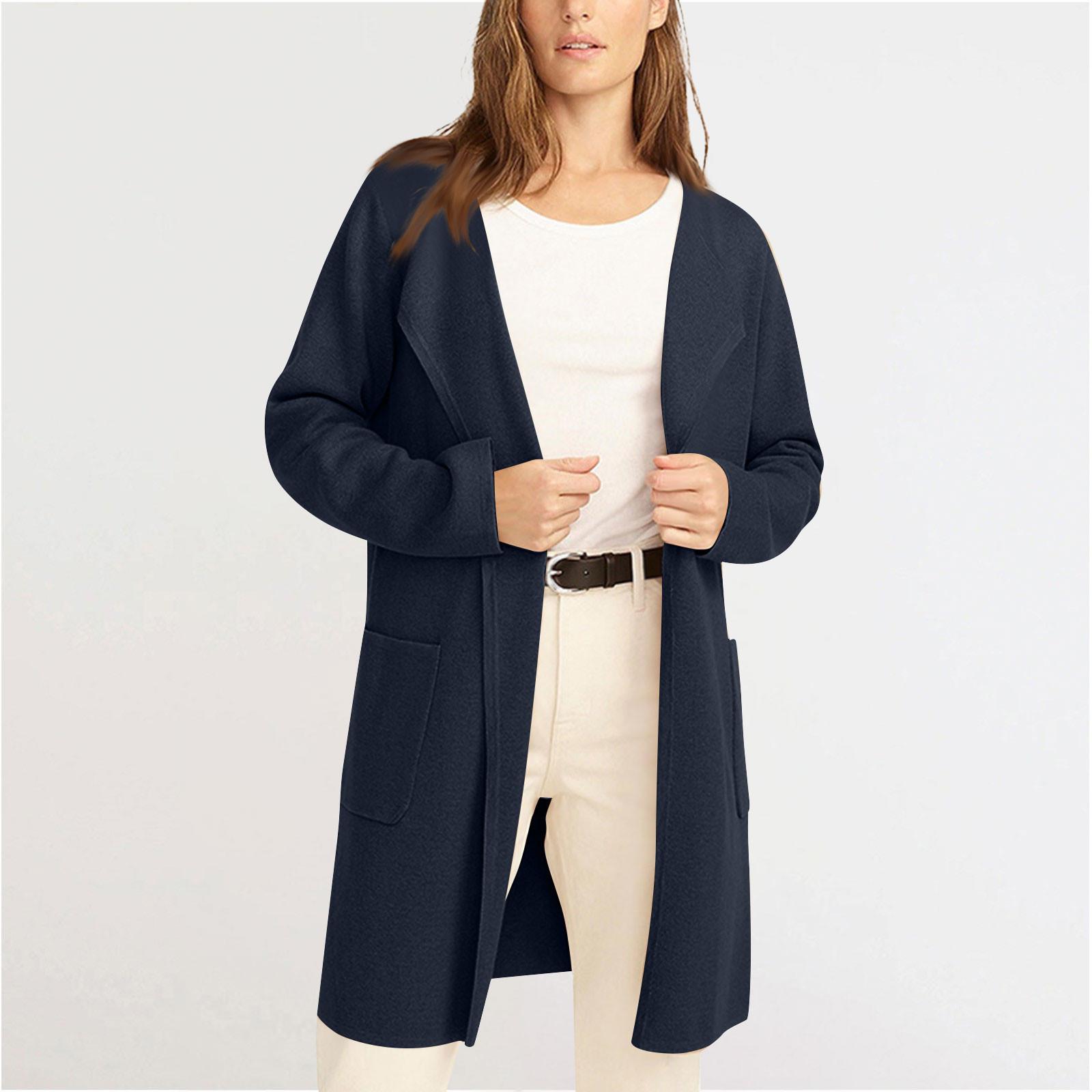 

Женский однотонный кардиган с лацканами, твидовое хлопковое пальто, куртка с длинными рукавами и карманом M тёмно-синий