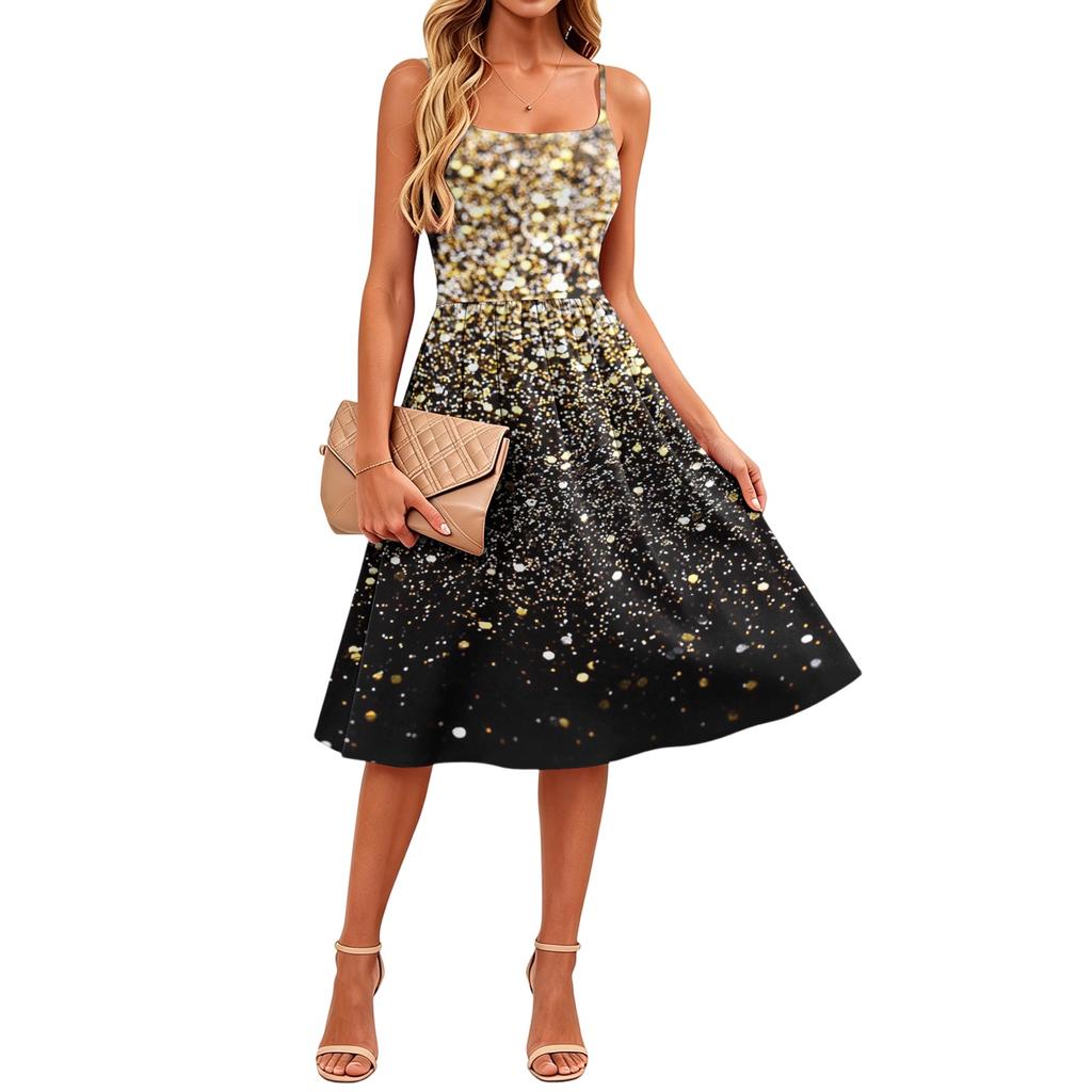 Women's Sleeveless Adjustable Strap Casual Midi Dress with Pockets and Geometric Print Comfortable Fit Summer Dress