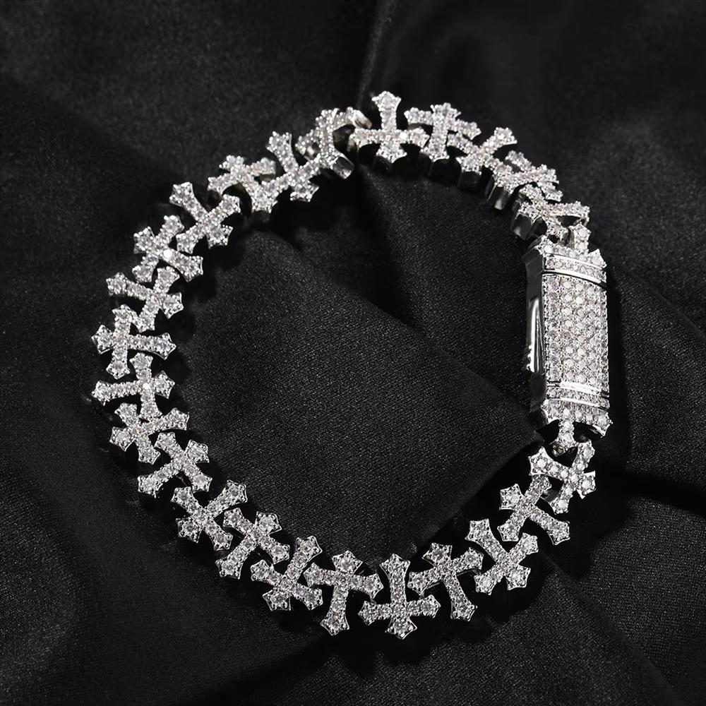 11.5mm Iced Out 5A CZ Brass Cross Link Bracelet Spring Clasp Vintage Religious Hip Hop Jewelry for Men