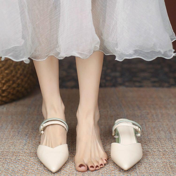 Soft Leather Half Slippers for Women, Pointed Toe Sandals for Women's Outdoor Wear, Thick Heels for Women's Middle Wear, and Two Pairs of Slippers