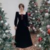 Spring and Autumn New Women's Long Sleeve Square Collar Vintage Bow Lace Black and White Stitching Dress
