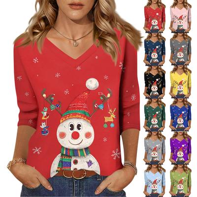 3/4 Sleeve Shirts For Women Print Christmas Tees Blouses Casual Plus Size Basic Tops Pullover