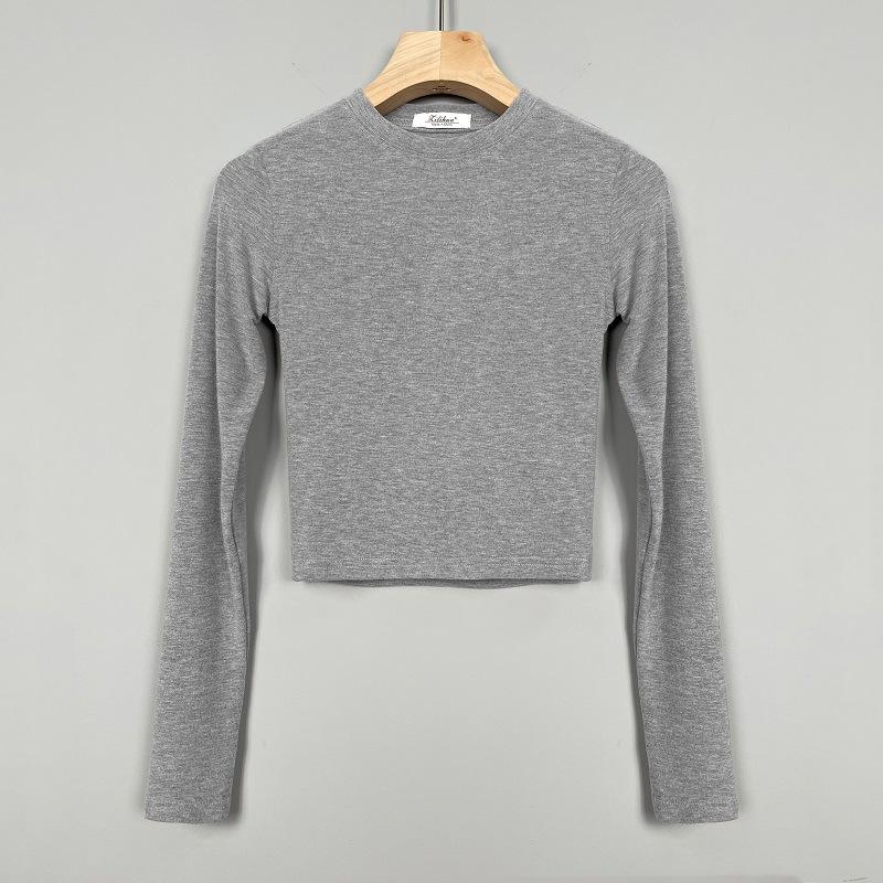 Korejský Sexy Upnutý Crop Top Zvýrazňující Poprsí Všestranné Tričko s Dlouhým Rukávem Ženy