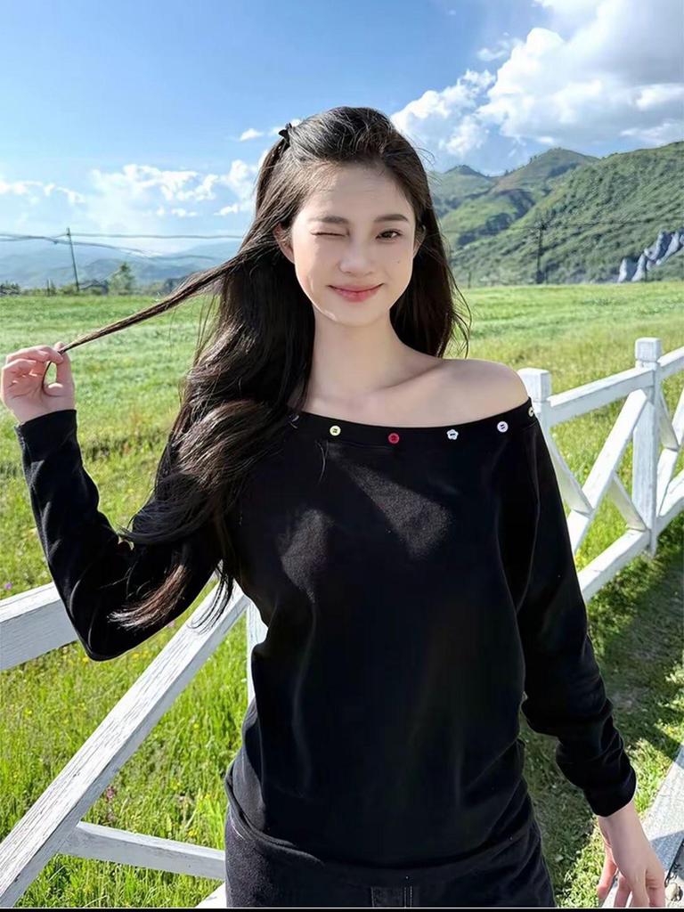 Damen Reine Baumwolle Schräge Schulter Langarm Knopfleiste Top - Vielseitiger Frühlings- & Herbststil