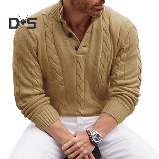 Fall Winter Men Sweater High Collar Neck Protection Buttons Knitted Thickened Pure Color Long Sleeves Pullover English Style Sweater