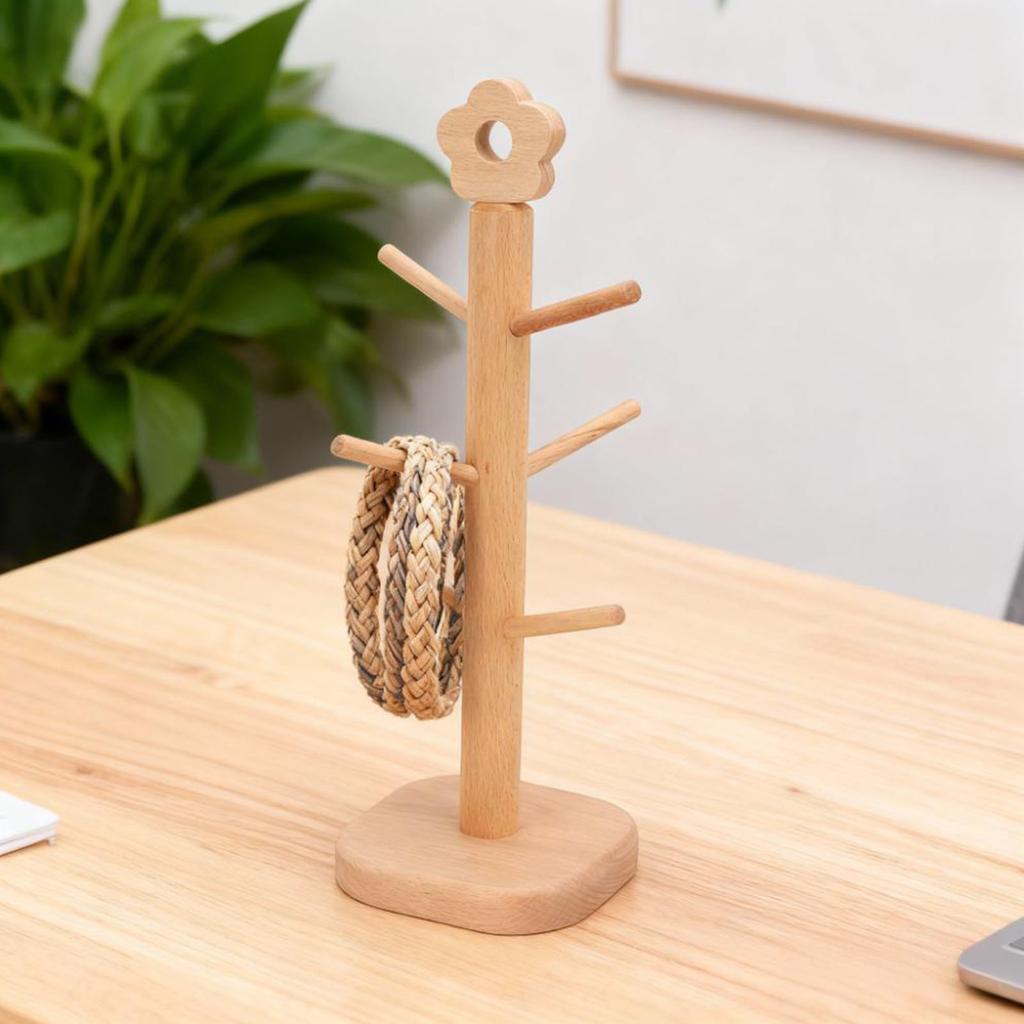 Supporto Espositore per Elastici per Capelli in Legno a 6 Ganci Scrivania Legno Porta Accessori per Capelli Scaffale portaoggetti