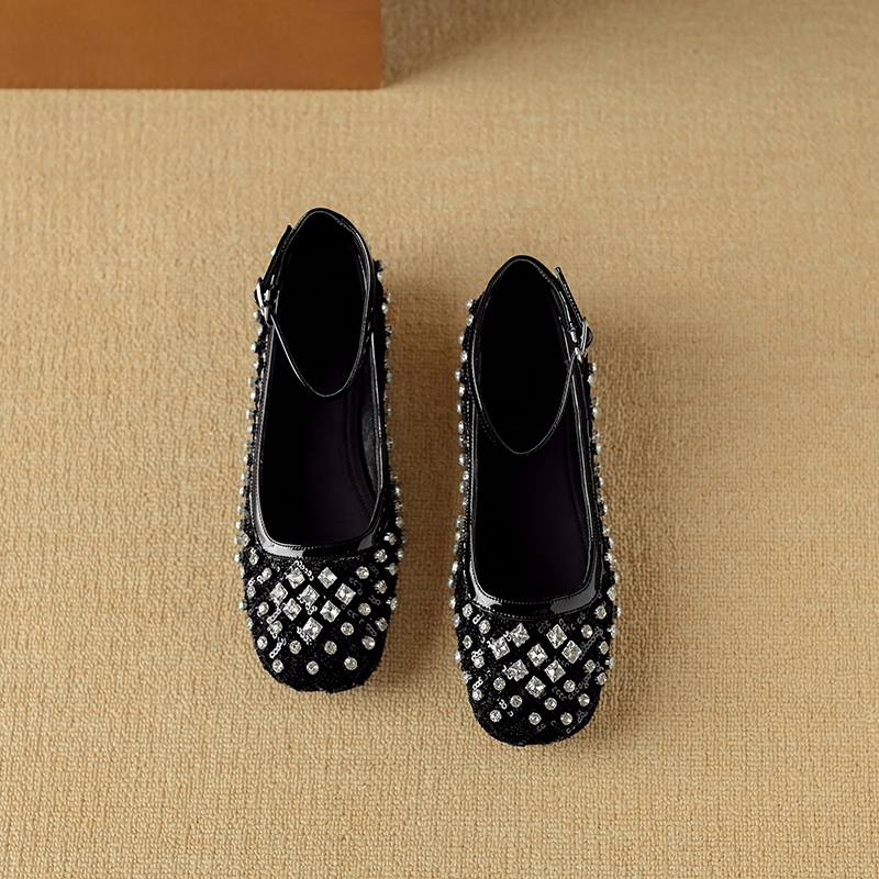 Krazing Pot Knitwear Sheepskin Summer Size 40 Crystal Low Heels Ankle Straps Rhinestone Square Toe Elegant Sweety Pumps