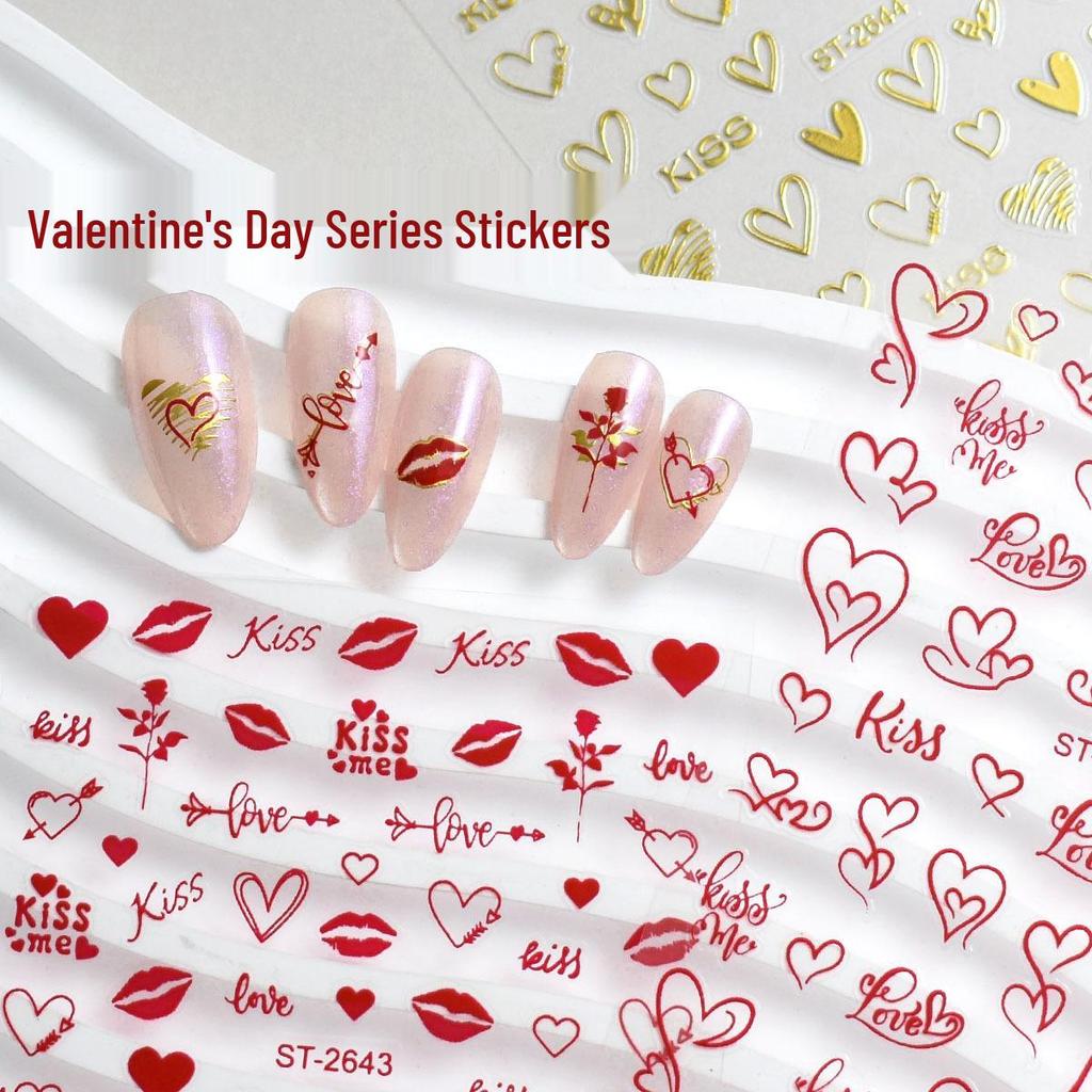 Valentinstag-Nagelsticker: Sexy Lippen, Herz- & Rosen-Designs