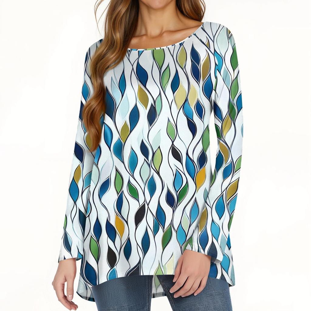 Women's Fashion Casual Long Sleeve Print Round Neck Pullover Top Blouse