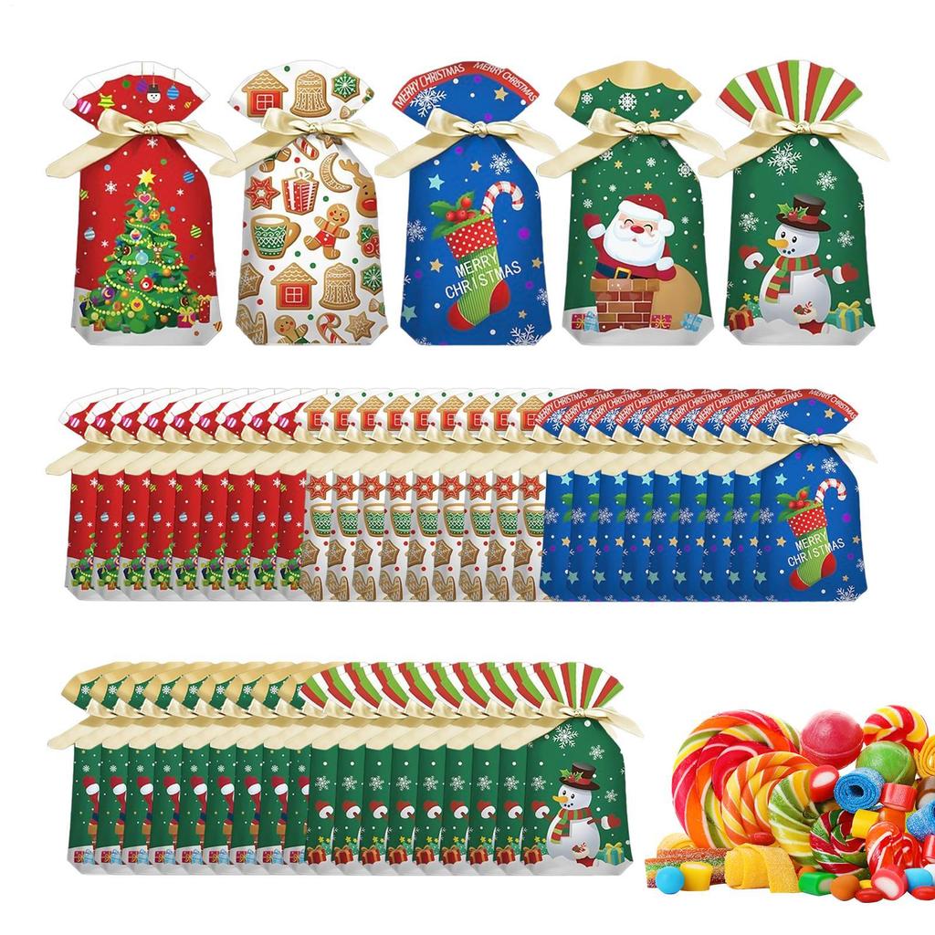 Christmas Bags 50 Pieces Reusable Drawstring Closure Basket Christmas Party Favor Bags For Cookie Snack Popcorn Halloween