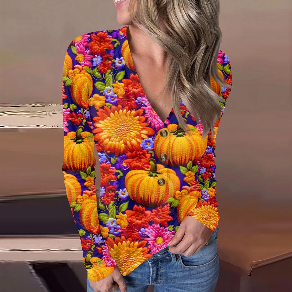 Lässiger Pullover mit V-Ausschnitt und Halloween-Print für Damen