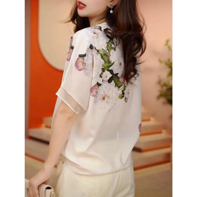 Summer Women's Solid Colors O-Neck Short Sleeve Loose Thin Chiffon Pullovers Printed Trendy Comfortable Commute Tops