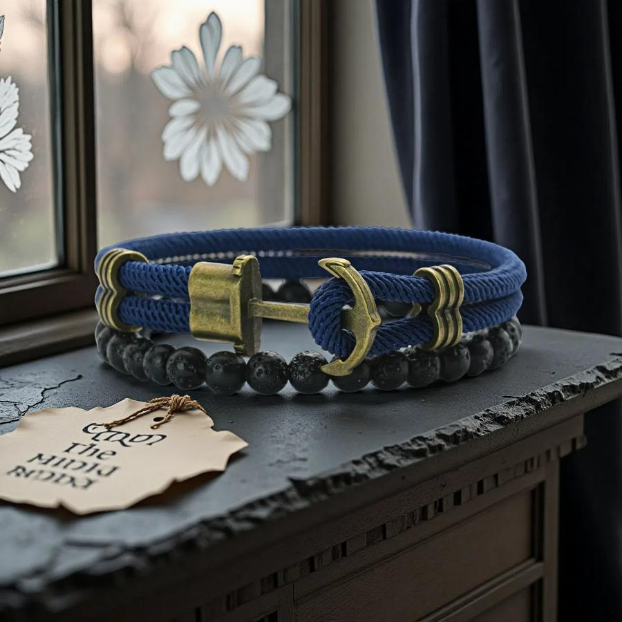 Retro 2Pcs/Set Men Anchor Bracelet 6mm Natural Lava Stone Beaded Braslet 6 Colors Grade A 4mm Ethnic Fabric Braclet Pulseria