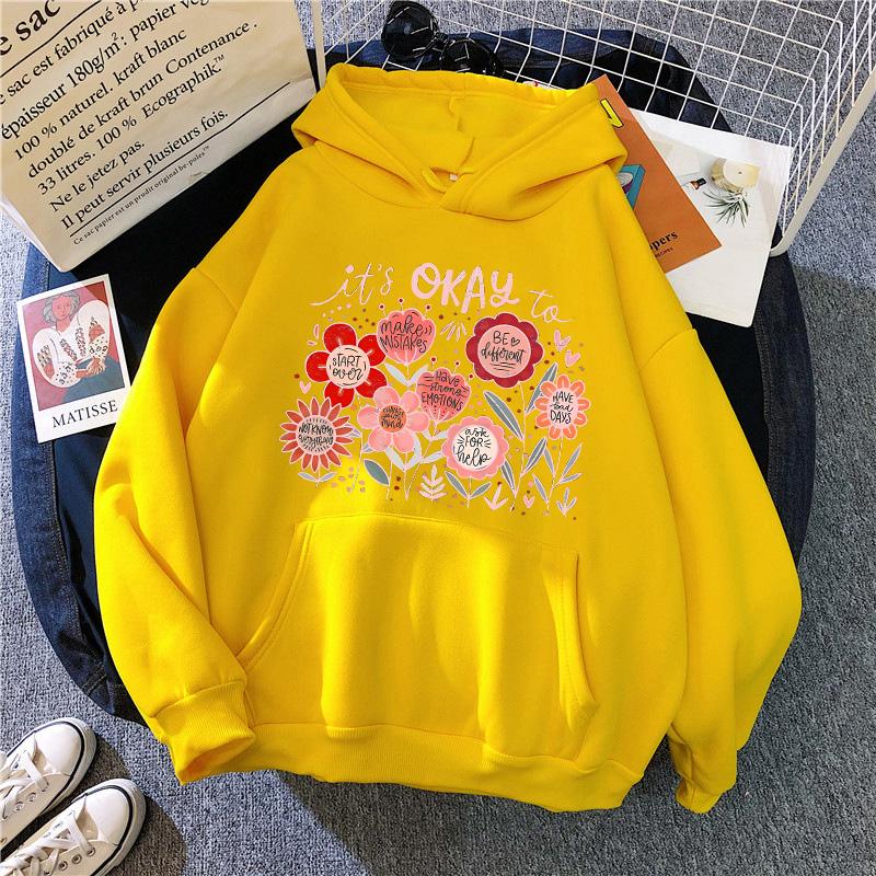 Women's Casual Long Sleeve Hoodies Vintage Graphic Y2k Hooded Pullovers Ditsy Floral and Alphabet Print Sweatshirts 90s Clothes