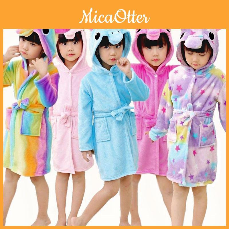 Unicorn Kids Unisex Bathrobe Girls Boys Hooded Pajamas Sleepwear Nightwear
