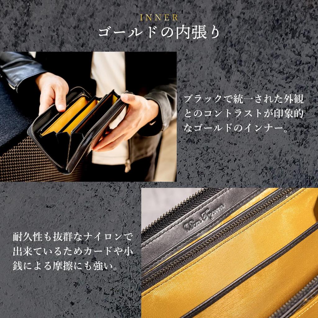[Dom Teporna] Men's Large Capacity Wallet, Holds 24 Cards, Genuine Leather, YKK Zipper, Round Zipper, Coin Pocket, Gold Interior, Saffiano Leather/Bla