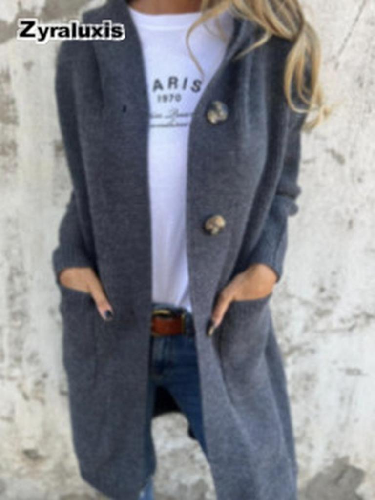Cardigan in Maglia da Donna Autunno Inverno Manica Lunga con Tasche Abbottonato con Cappuccio Cappotto Maglione per Donne