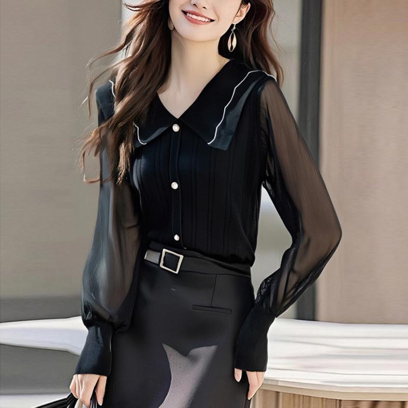 

Women s knitted sweater spring and autumn new top small shirt doll collar age-reducing lantern sleeve bottoming shirt One size fits all чёрный