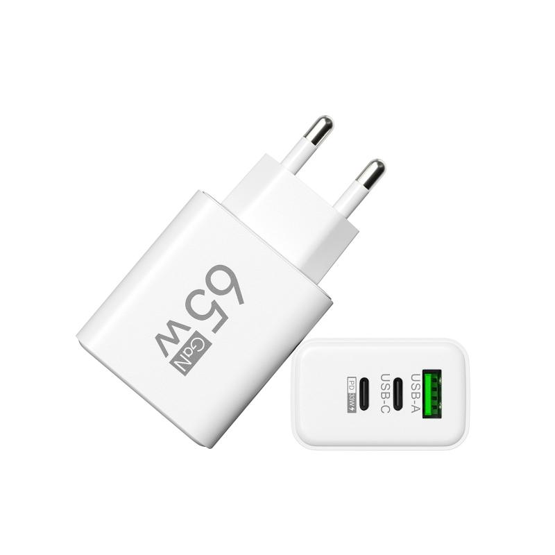 65W GaN Reise-Ladegerät EU-Stecker Dual USB C + USB A Port Schnelllade-Wandadapter Kompaktes Ladegerät für Telefon Laptop Tablet