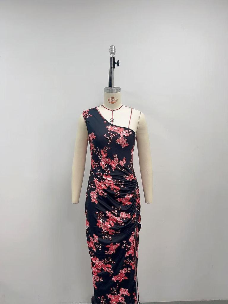 2025 European-American One-Shoulder Bodycon Maxi Dress with High Slit and Summer Print
