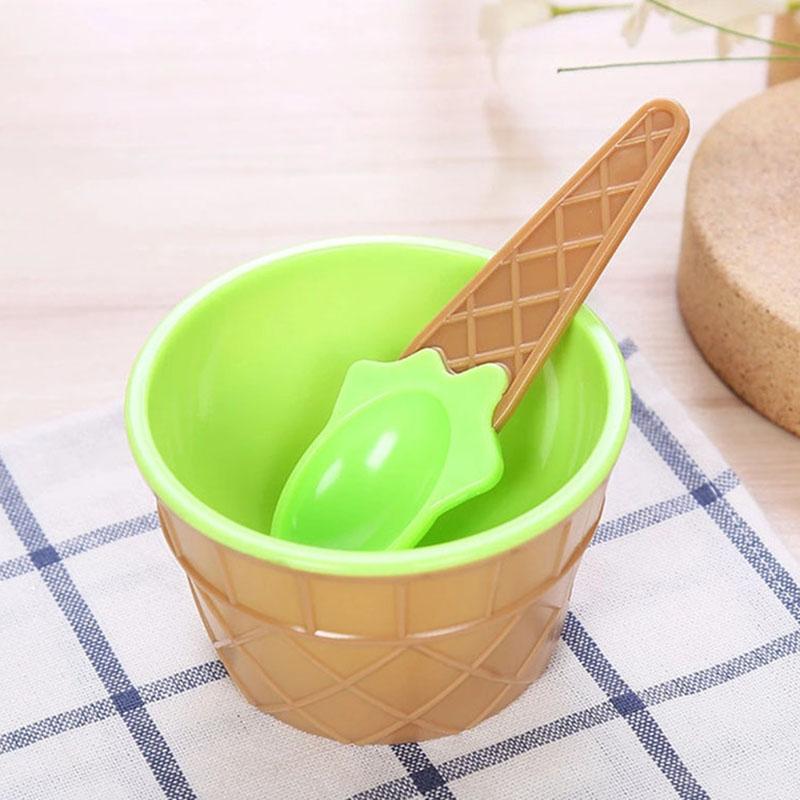 Ice Cream Serving Bowl Set with Spoons - Double Layer Cartoon Plastic Bowls for Creative Desserts