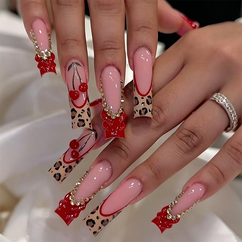 3D Pink Flower Leopard Print Detachable Wearable Nail Tips - European & American Design