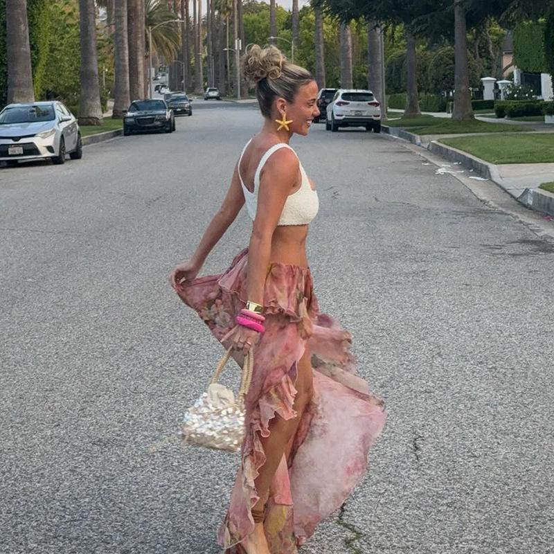 European Style 2024 Floral Print Irregular Maxi Skirt with Double-Layer Ruffles