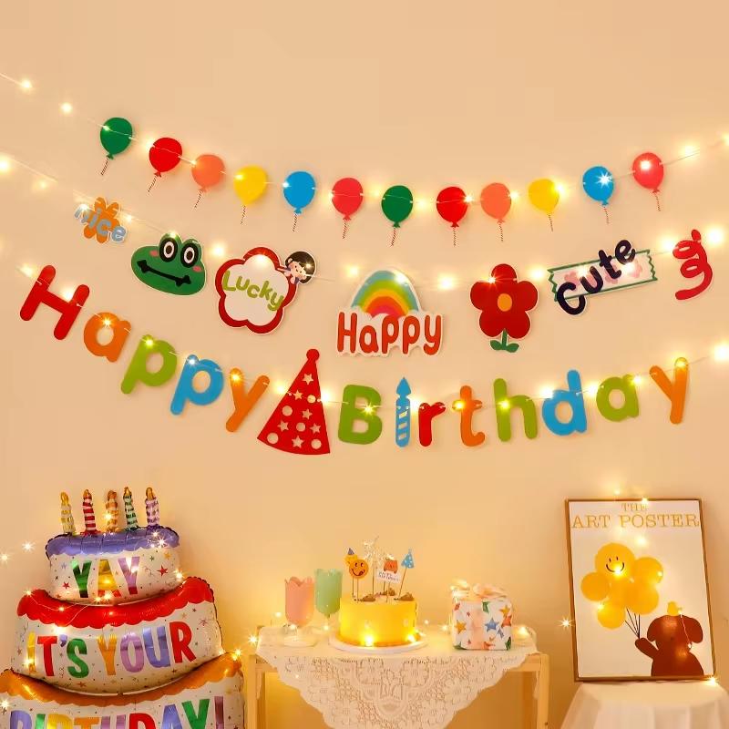 Happy Birthday Banner Set String Lights Hanging Flag Birthday Theme Party Decorations Boys Girls Baby Shower Decor Photo Props