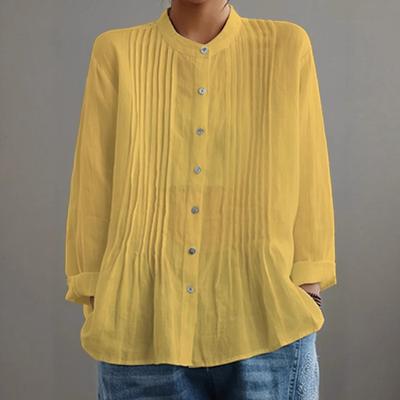 Baumwollleinen Stehkragenhemd Damen Einfarbig Plissiert Mode Vielseitige Strickjacke Temperament Tops