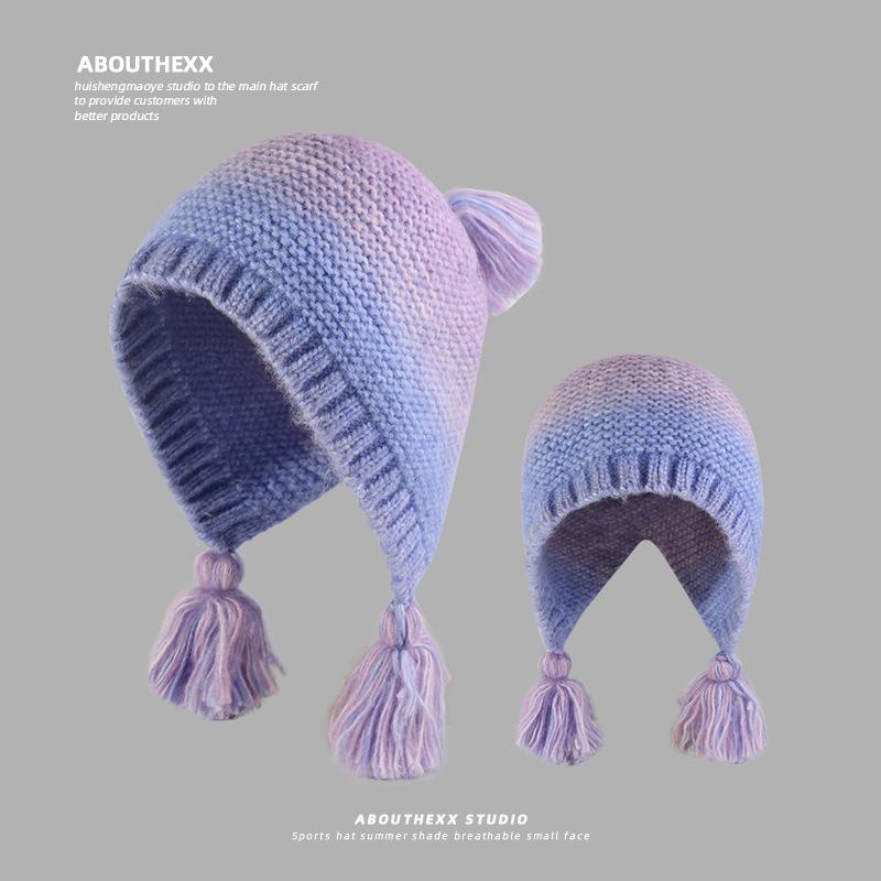 Rainbow Gradient Braided Wool Hat for Women Winter Showing Face Small Warm Lei Feng Hat Sweet Big Head Circumference Knitted Pullover Hat