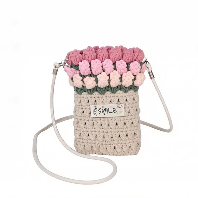 Knit Rose Pattern Mini Shoulder Bag With Phone Pocket For Daily Use