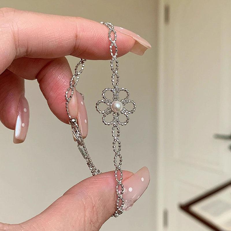 

Exquisite silver 925 lace satin pearl bracelet exquisite small chain new in and high-end floral bracelets party jewelry gift 17-20cm серебряный