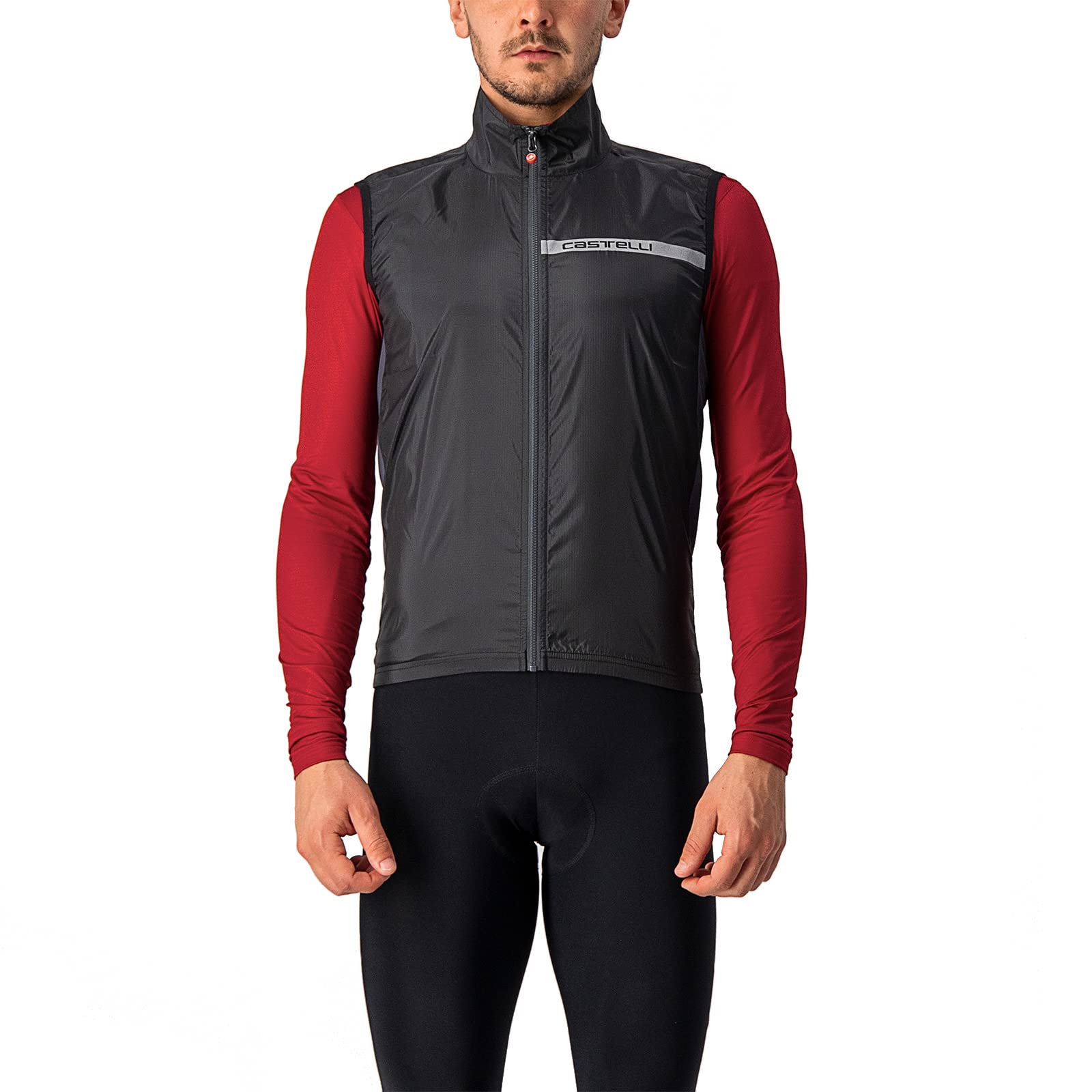 

Castelli Squadra Stretch Zip High for Road Gravel Light Size L Men s Vest, Windproof, Full-Length Shell, Collar, & Bikes, Black/Dark Gray,