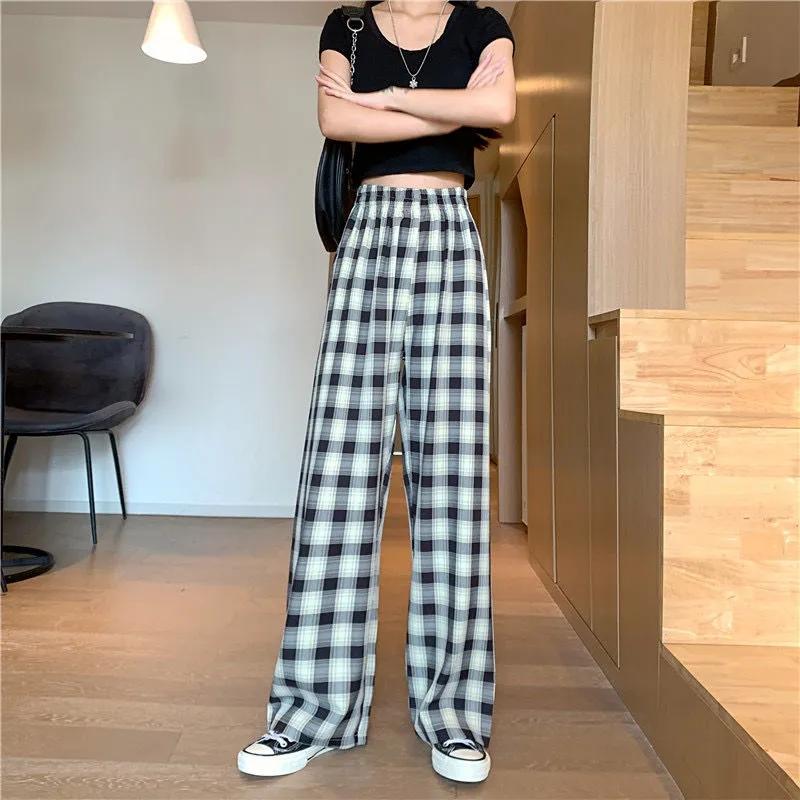 Damen Leichte Elastische Sommer High Waist Weitbein Freizeithose Retro Karomuster Locker Allround Gerade Hose