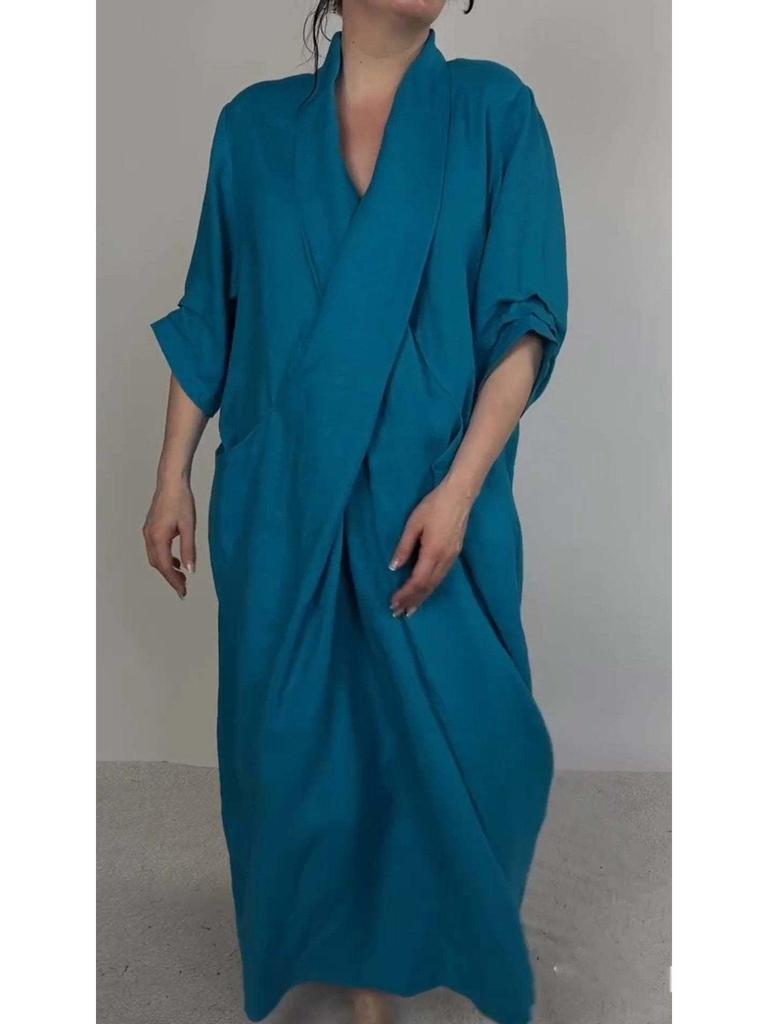 2026 Autumn Linen V-Neck Bathrobe Dress with Pockets - Solid Color, Casual, Loose, Slit Design
