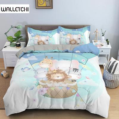Bettbezug-Set mit Cartoon-Tiermotiv, für Kinder, Löwe, Nilpferd, Giraffe, Muster, Bettwäsche-Set aus Polyester, Einzel-, Zwillings-, Queen-Size- und King-Size-Bettbezug