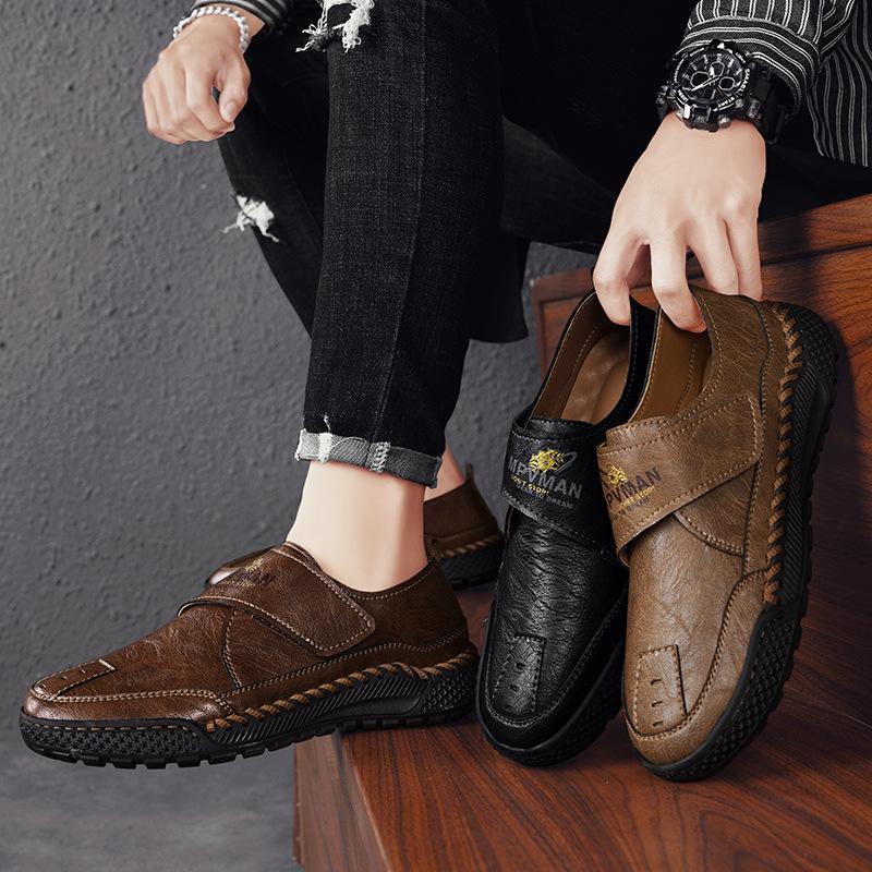 Leather Shoes Men's 2025 Autumn New One-pedal Loafers Men's Pure Hand-stitched Soft-soled Non-slip Large-size Dad Shoes