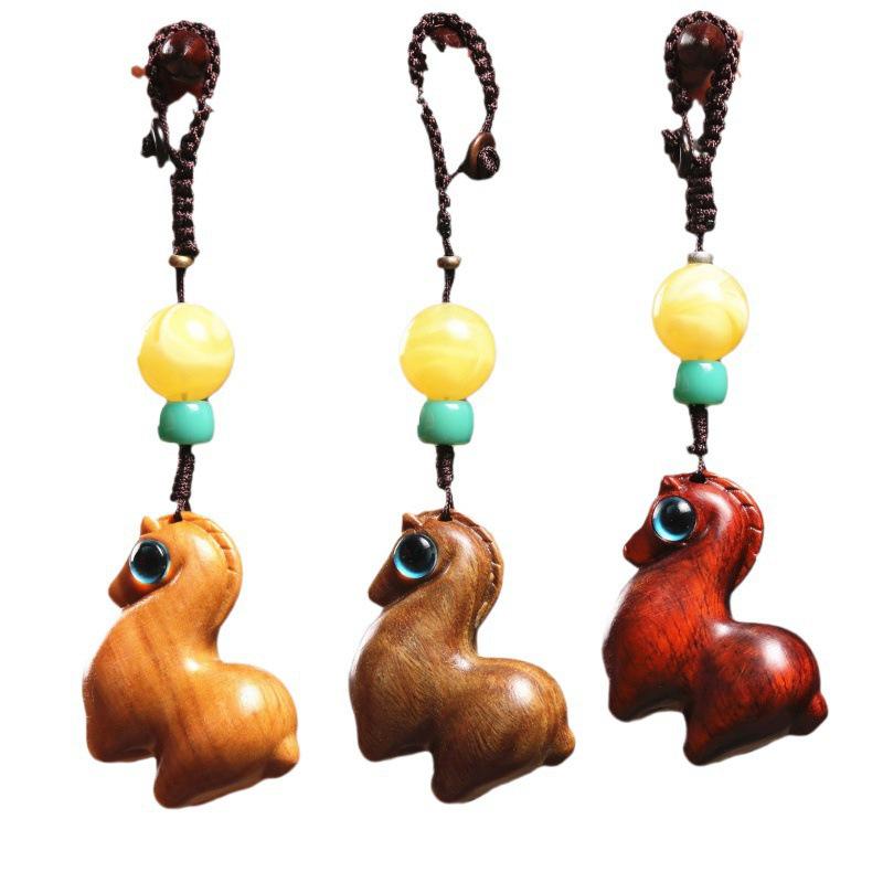 Zodiac Horse Rosewood Pendant with Green Sandalwood and Redwood Charms Keychain