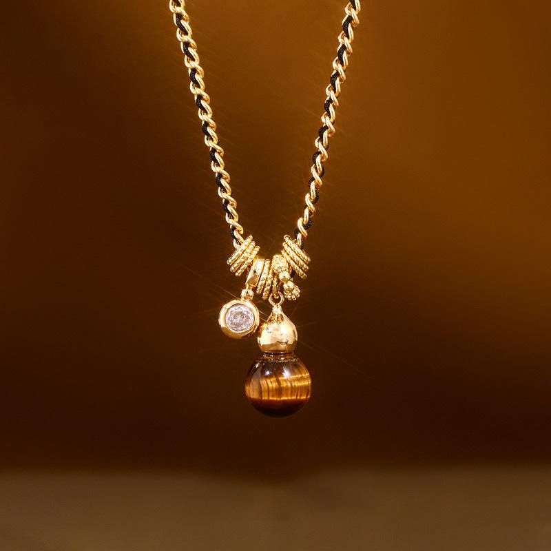 18k real gold electroplated tiger's eye stone gourd necklace new Chinese temperament sweater chain necklace
