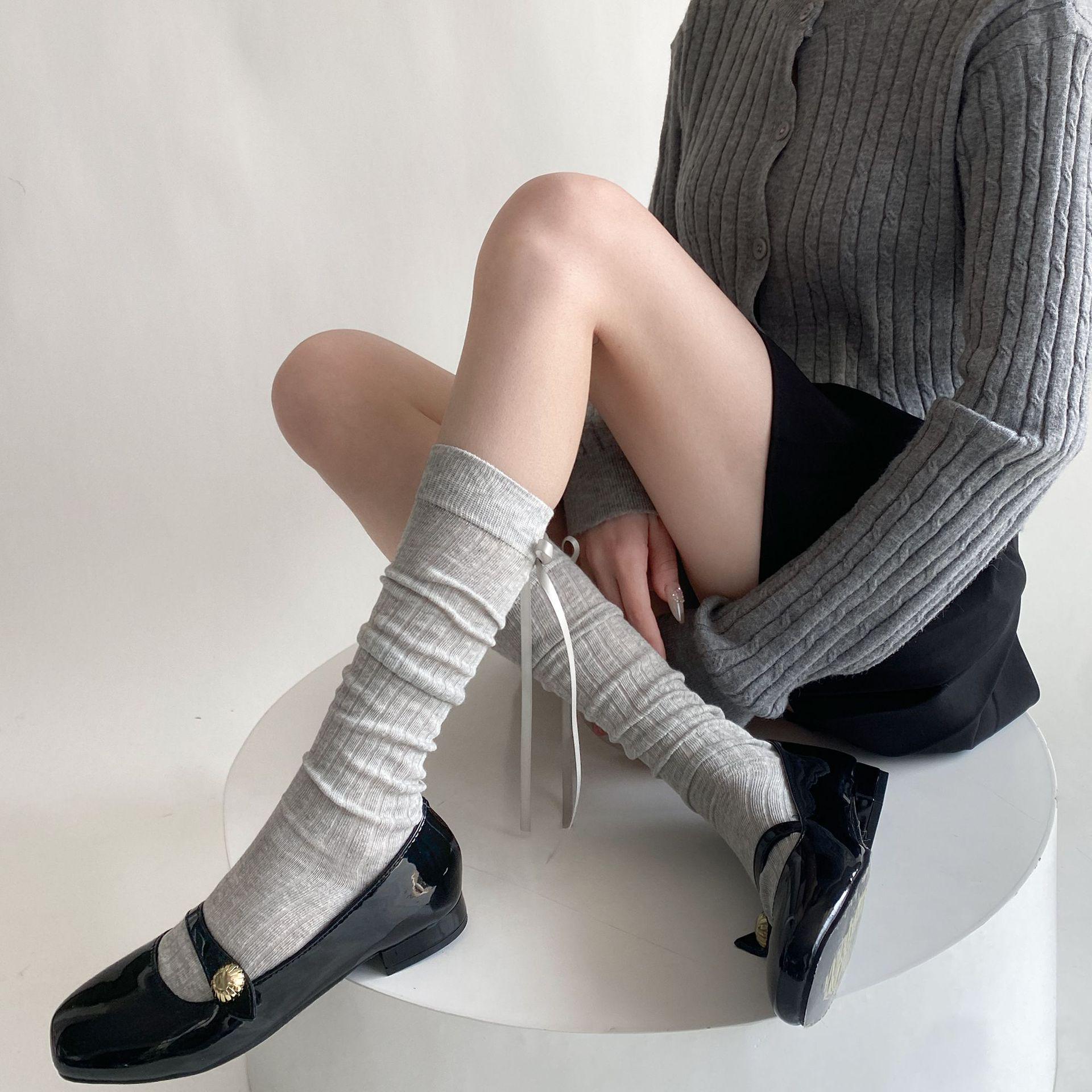 White Lolita Ruffled Ribbon Bow Mid-Calf Socks - Versatile Spring/Summer Ballet Style for Women Mid-Calf светло-серый