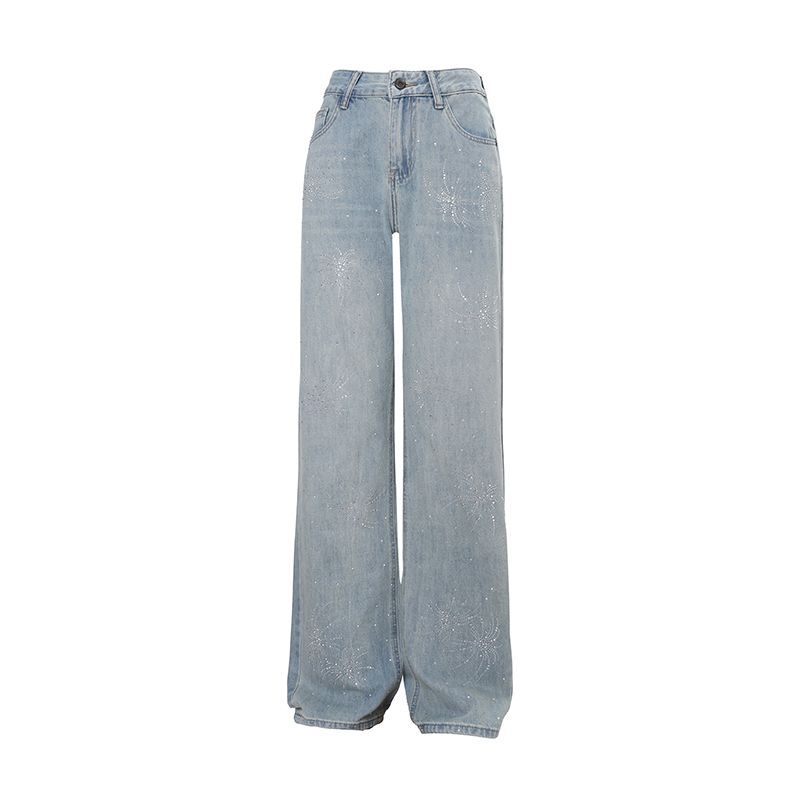 Spring Summer Full Star Rhinestone High Waist Narrow Straight Wide Leg Denim Pants For Ladies Casual Pants Oversize Denim Trousers