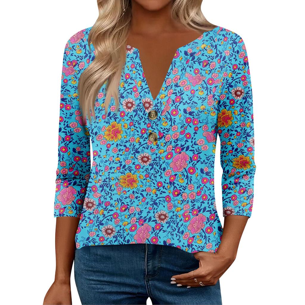 3/4 Sleeve Womens Tops For Women Henely Tops Button V Neck  Loose Fit Dressy Womens Summer Tops