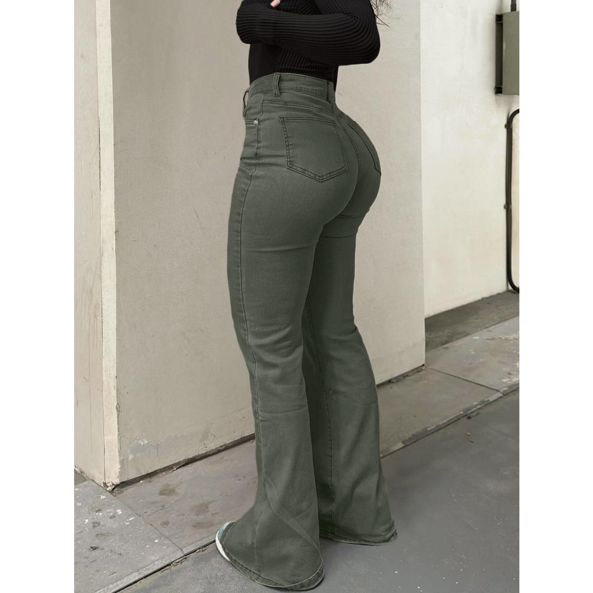 

Винтажный модный тренд Универсальные Y2K уличные Джинсы из денима высокой эластичности с прямыми штанинами однотонные S армия зеленый