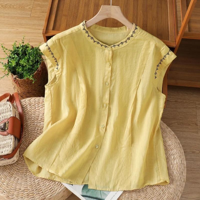 women geometric embroidery linen blend shirt stand collar sleeveless button down casual blouse