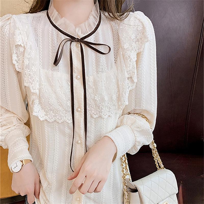 Autumn Winter Womens Tops and Blouses 2022 Cotton Blouse Button Solid Stand Collar Ladies Lace Tops Women Shirts Blusas Feminine